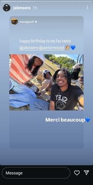 Sera's Instagram Story repost of Gauff's message to him and his twin brother on their shared birthday (Source: Instagram/jalensera)